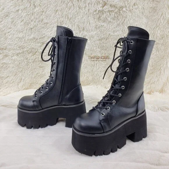 Ashes Black Matte Platform Goth Punk Mid Calf Combat Boots - Picture 9 of 14